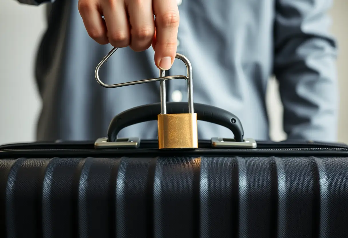 Une personne utilise un cintre en métal pour soulever un cadenas fermé sur le couvercle d'une valise.
