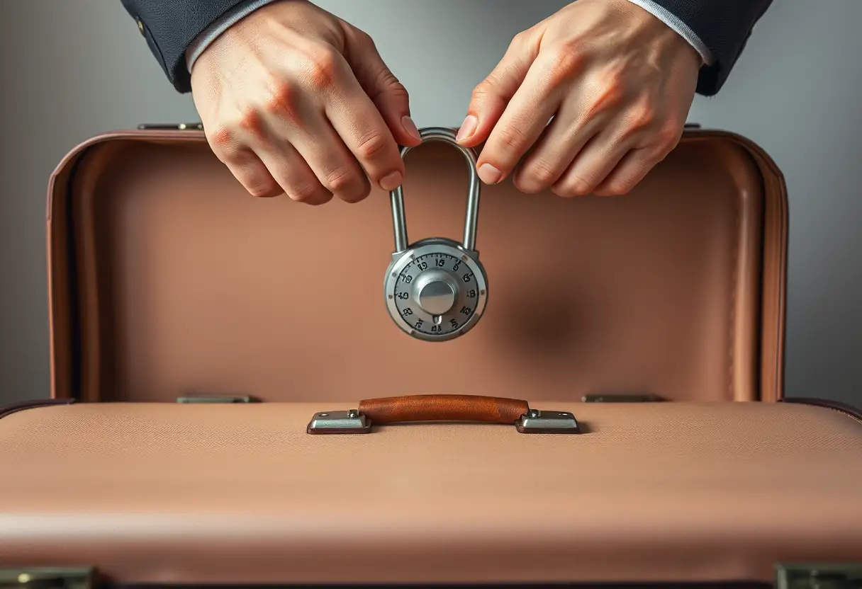 Une valise fermée avec un cadenas à combinaison est soulevée par deux mains.