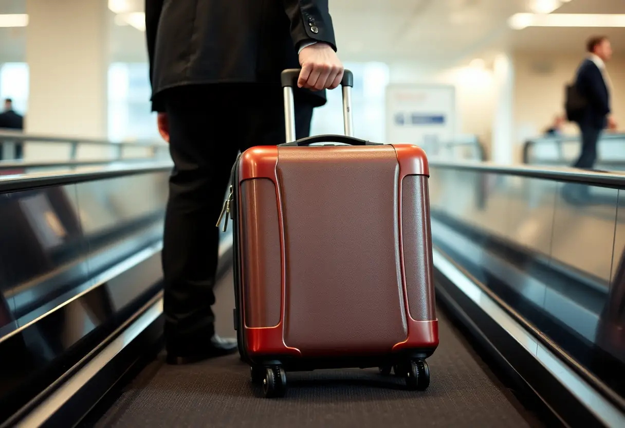 Une personne se tenant derrière une valise sur un tapis de bagages, son attention concentrée sur le mécanisme du verrouillage