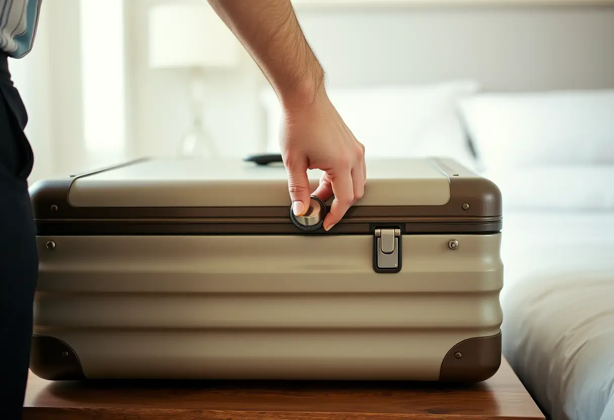La main d'une personne tourne la molette de codage d'une valise rigide posée sur un chevet