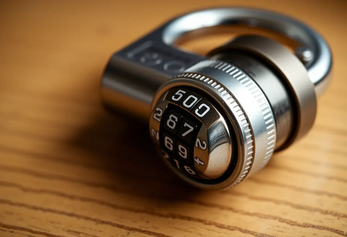 Vue rapprochée du cadenas d'une valise avec les chiffres alignés pour montrer le bon code, posé sur un bureau en bois
