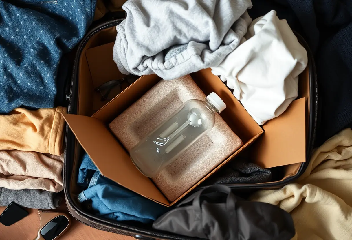 Une bouteille en plastique nichée dans une boîte cartonnée recouverte de mousse, entourée de vêtements pliés avec soin