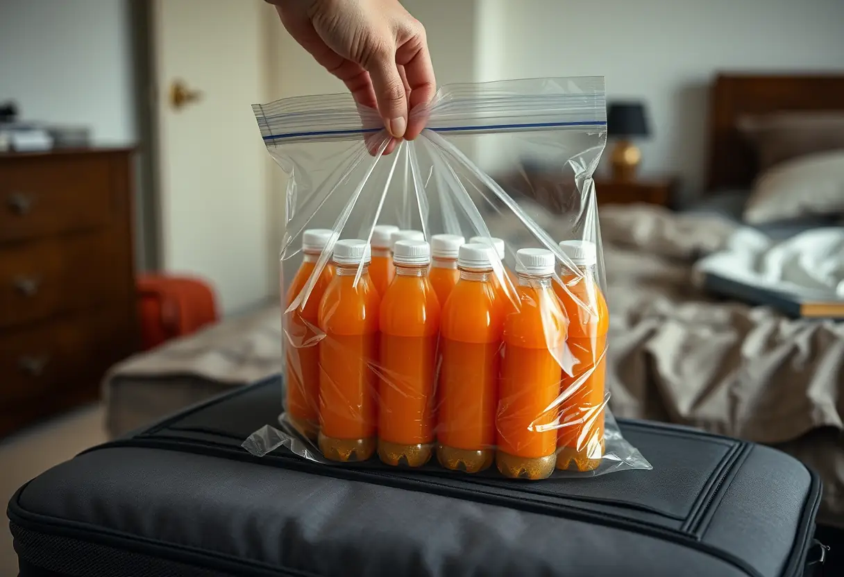 Une main fermant soigneusement un sac en plastique transparent rempli de bouteilles individuellement emballées, posé sur une valise déjà fermée dans une chambre à coucher