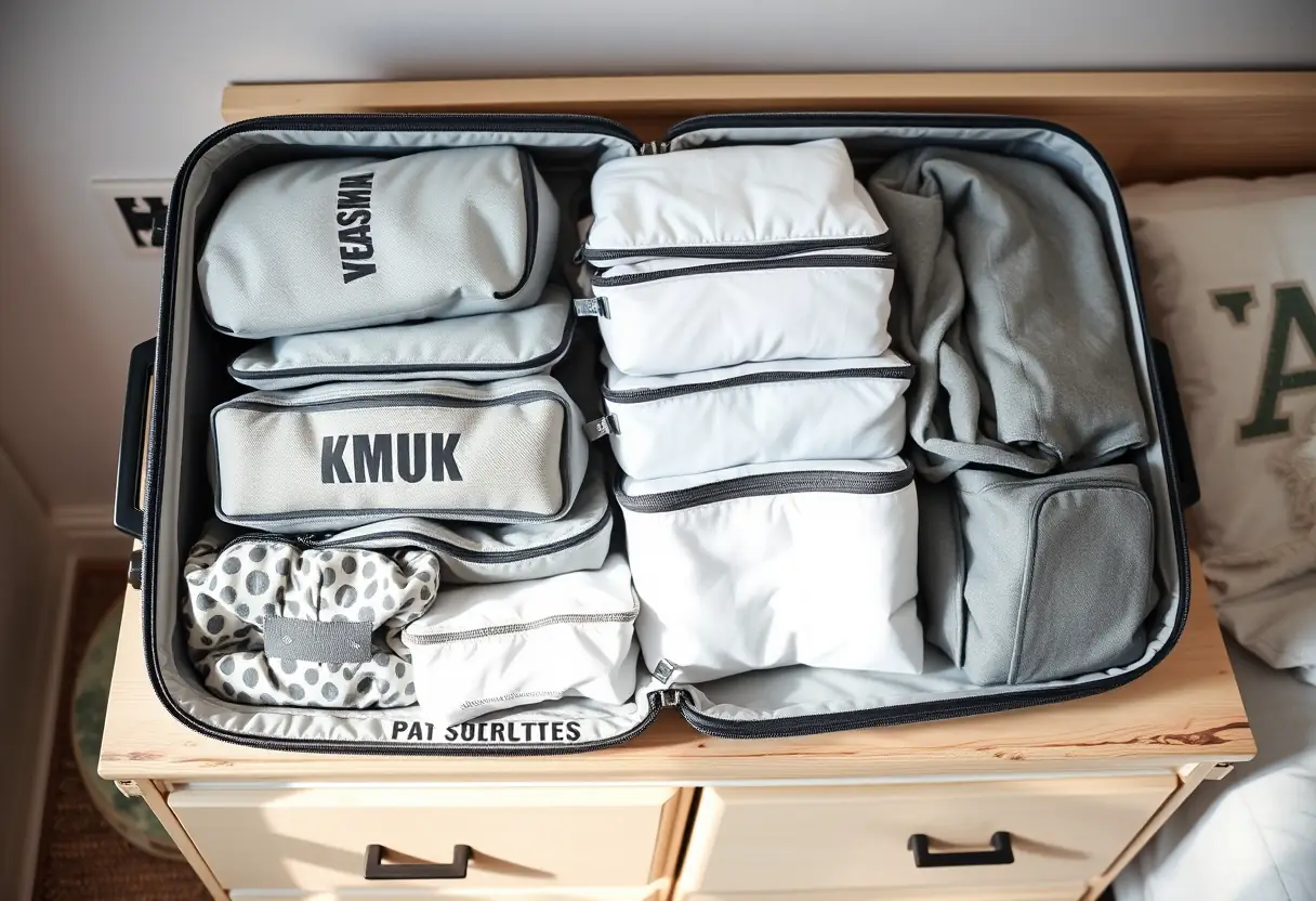 Des cubes de rangement bien remplis disposés dans une valise à compartiments souples sur une commode de chambre