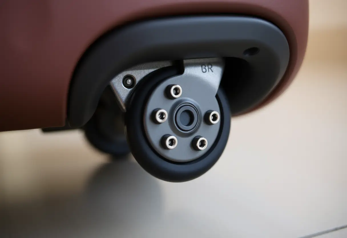 Un plan rapproché des vis qui relie l'ensemble des roues à la base de la valise