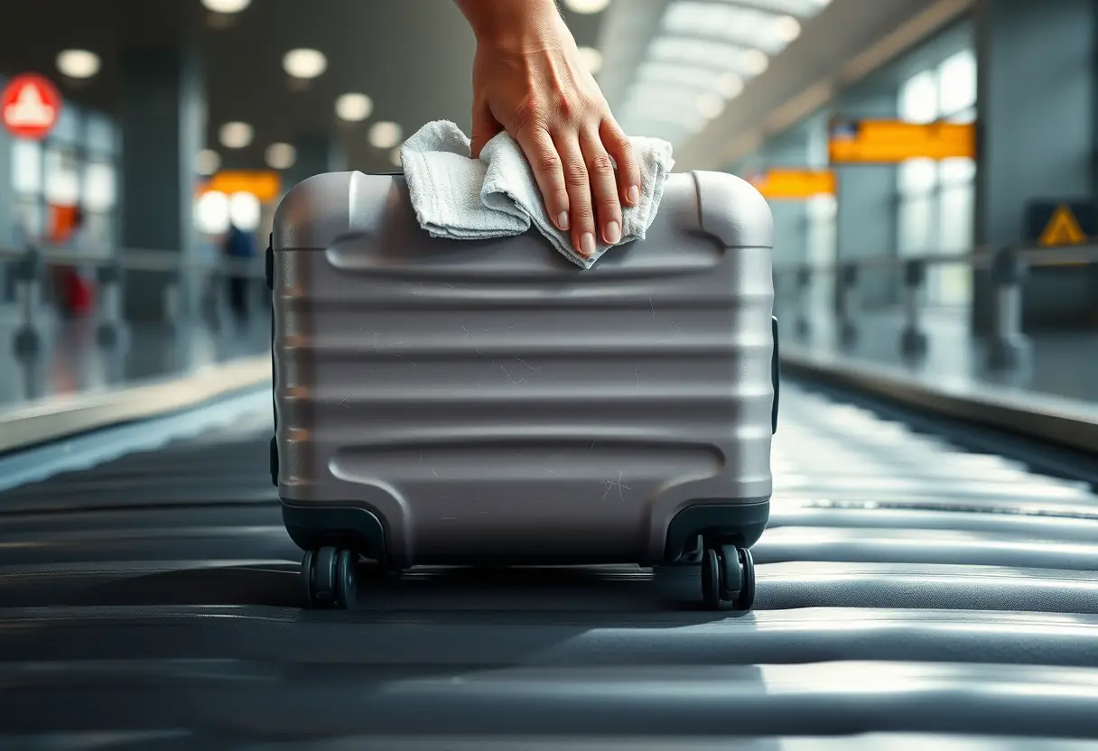 Une valise posée sur un tapis roulant dans un aéroport, avec quelques rayures légères.