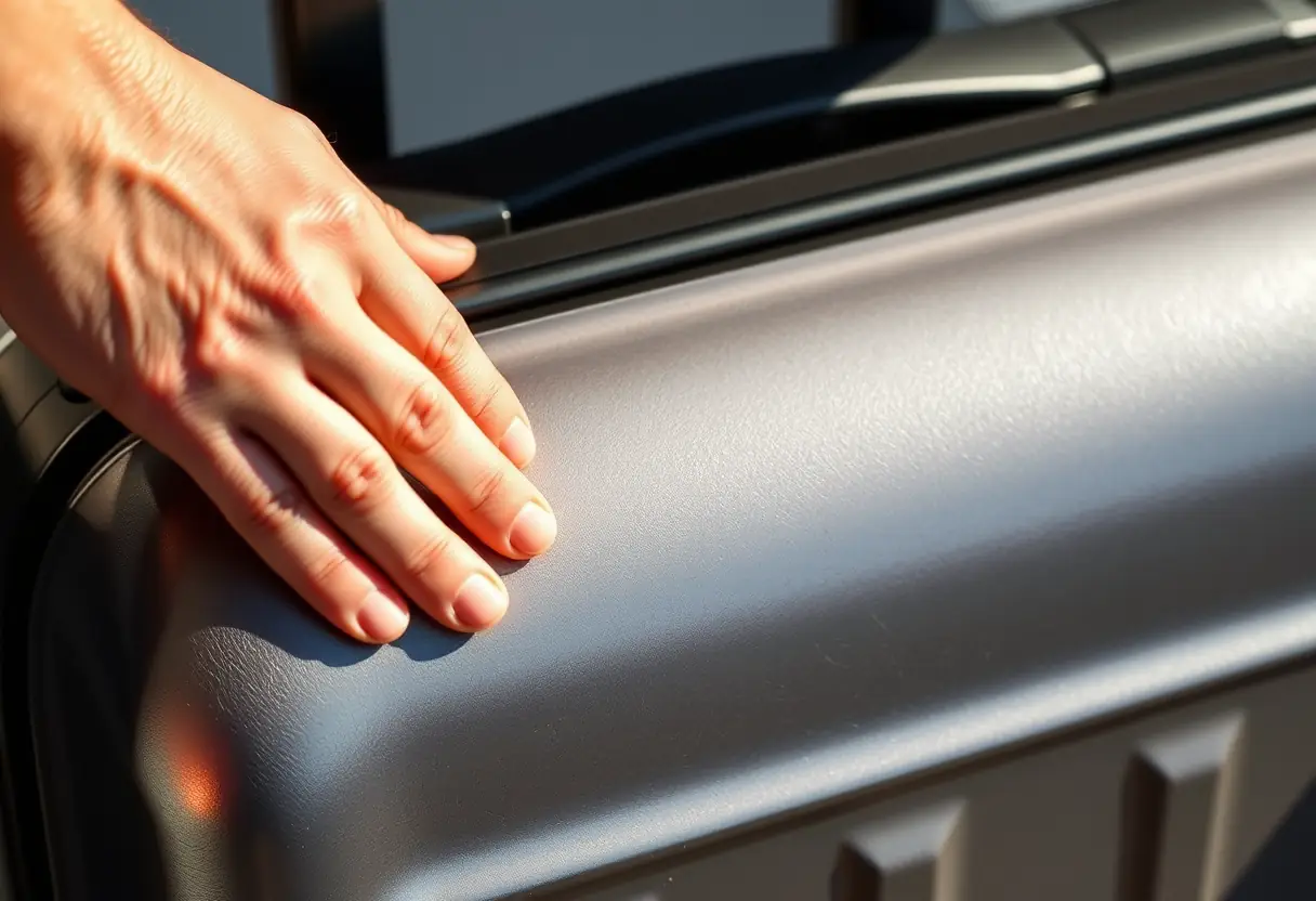 Une main frottant délicatement une valise rectangulaire, les rayures légères sont visibles