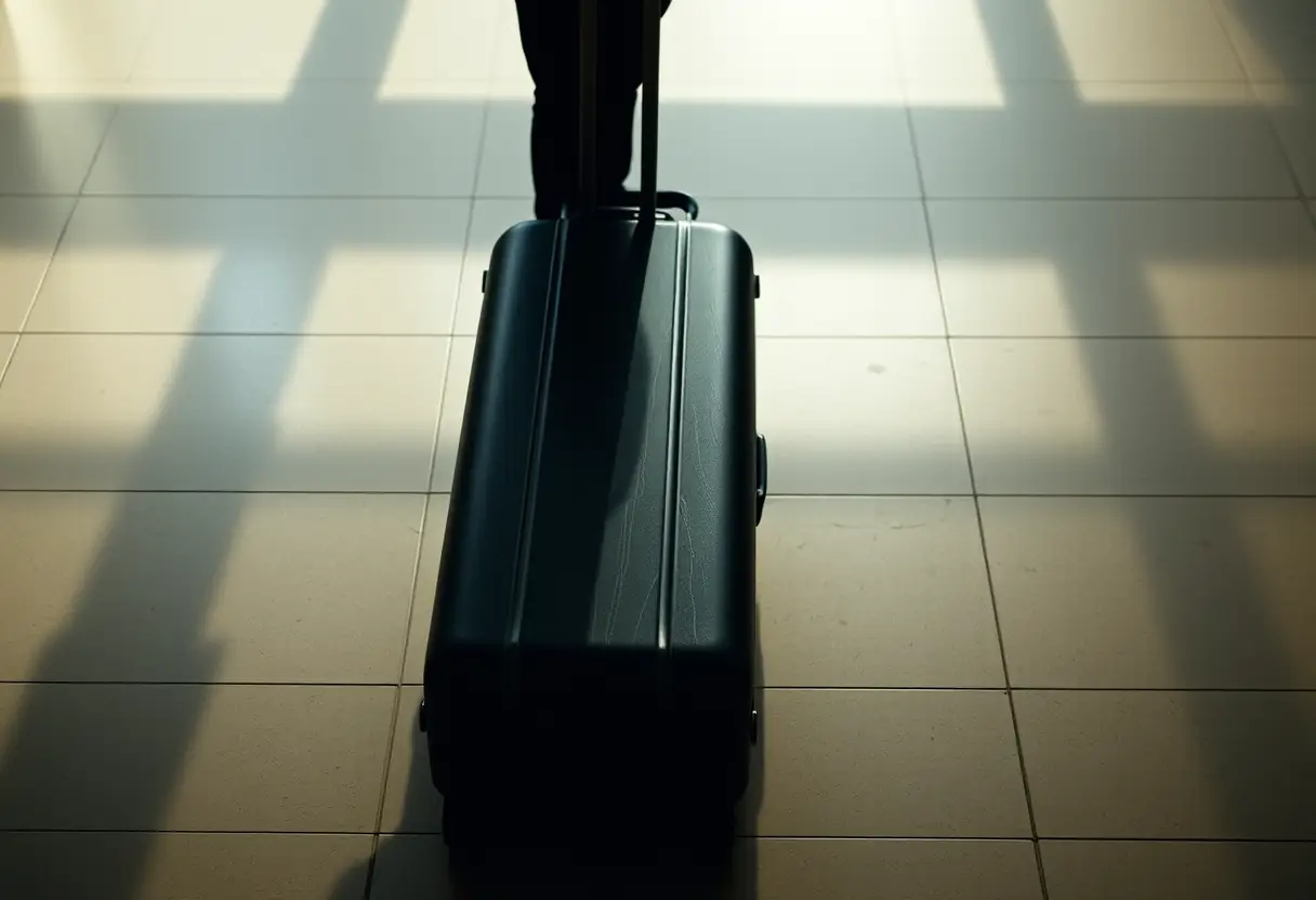 Un profil de personne près d'une valise étroite sur un sol carrelé, les rayures sont visibles