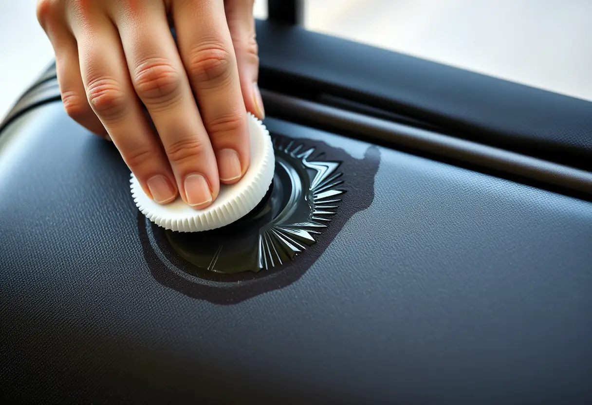 Une main applique une cire sur une zone foncée d'un couvercle de valise pour effacer une égratignure profonde