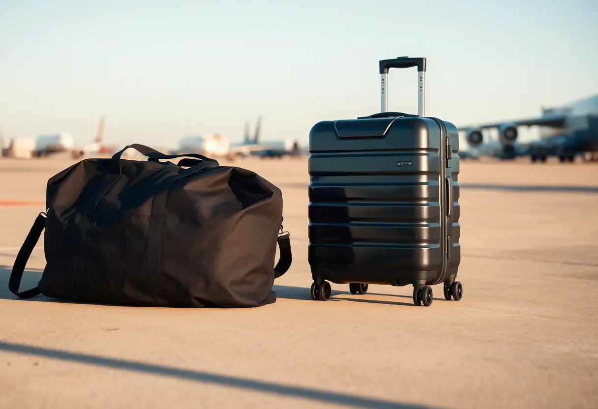 Un sac en toile noire à côté d'une valise en polycarbonate sur un tarmac d'aéroport.