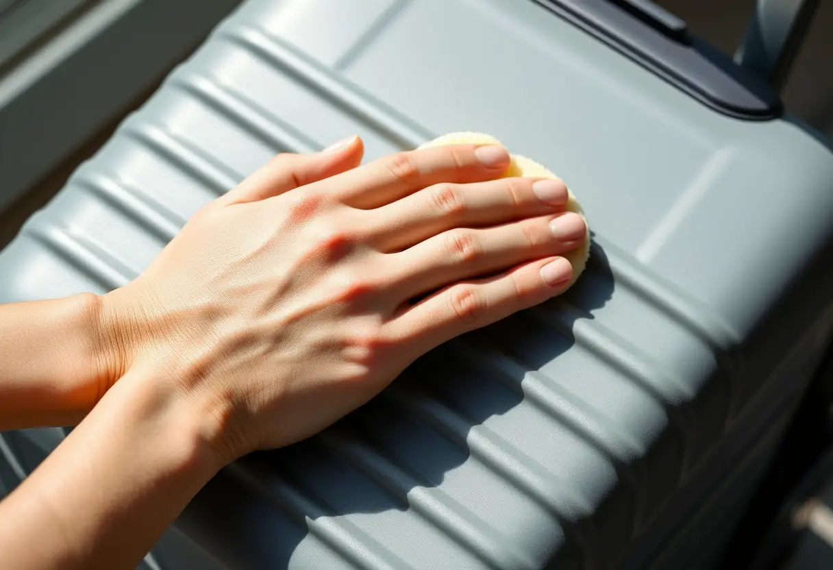 Une main tenant un gant doux qui frotte délicatement une valise en polycarbonate.