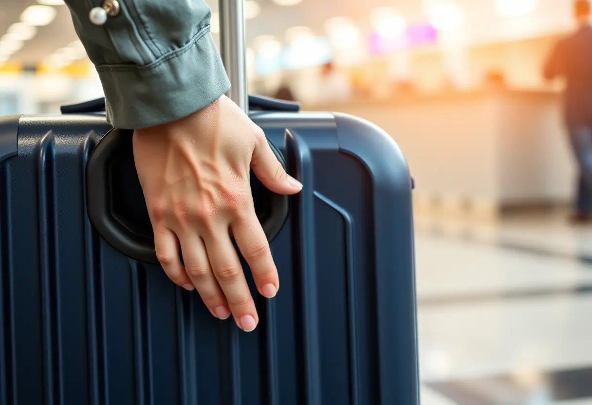 Une main attrape le bouton métallique d'une valise bleue foncée, préparée pour le dépôt des bagages.