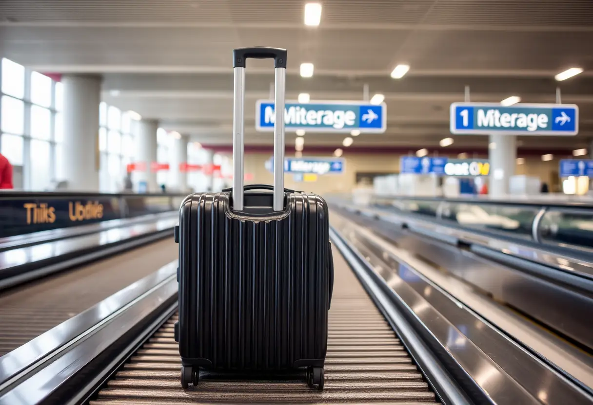 Un manche télescopique qui déploie de la coque rigide d'une valise située sur un tapis transporte à l'aéroport