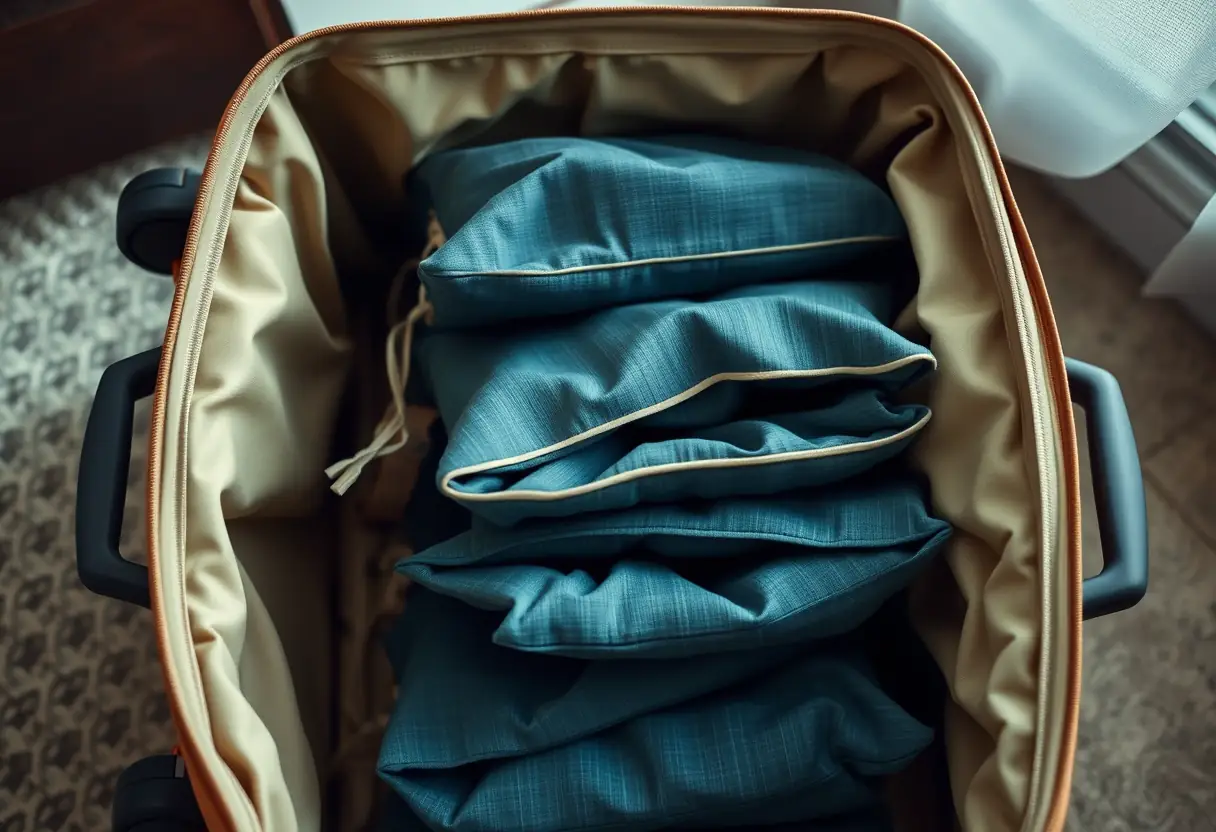 Des sacs en tissu pour chaussures empilés dans une valise à compartiments