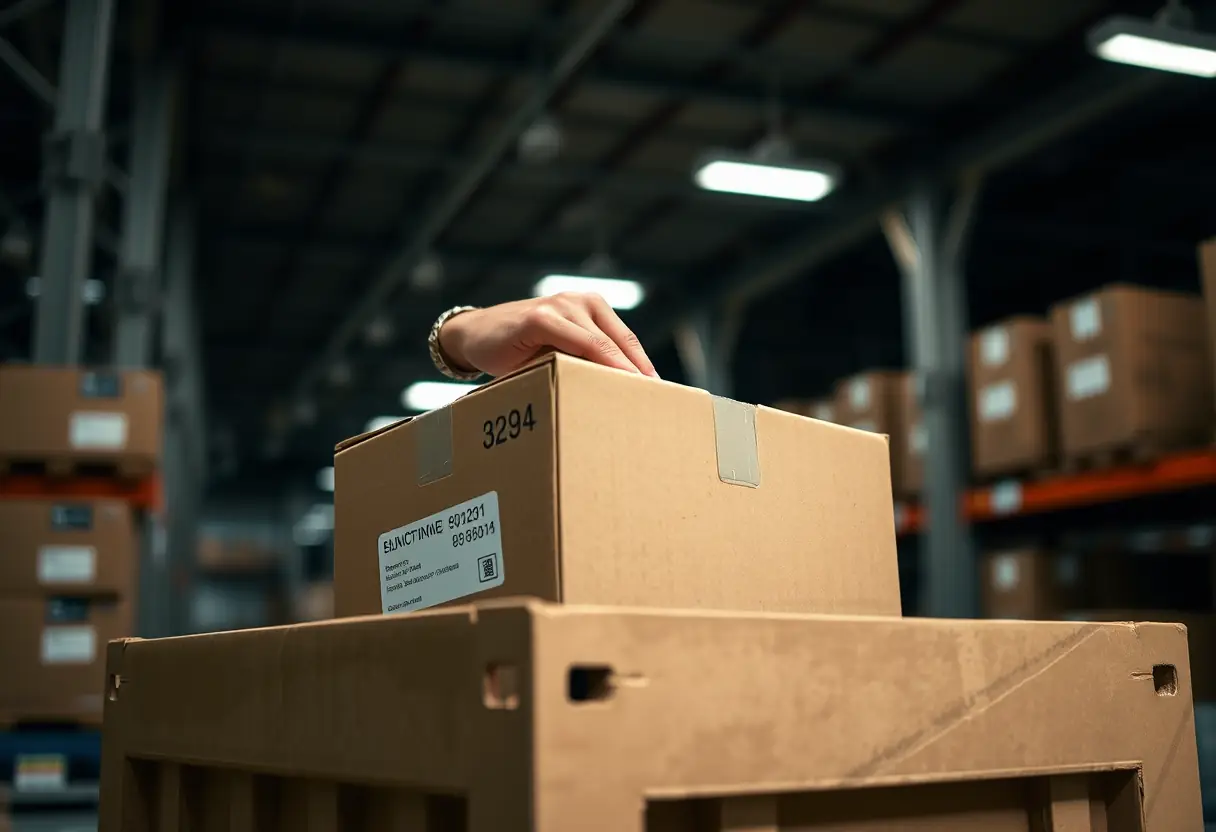 Une main met une boîte en carton dans un conteneur de fret