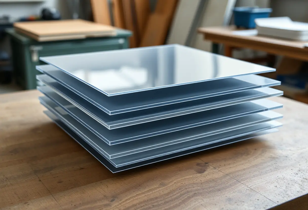 Une pile de fines feuilles rectangulaires de polycarbonate posées sur un bureau de travail, montrant la structure en couches qui formera le corps d'une valise rigide