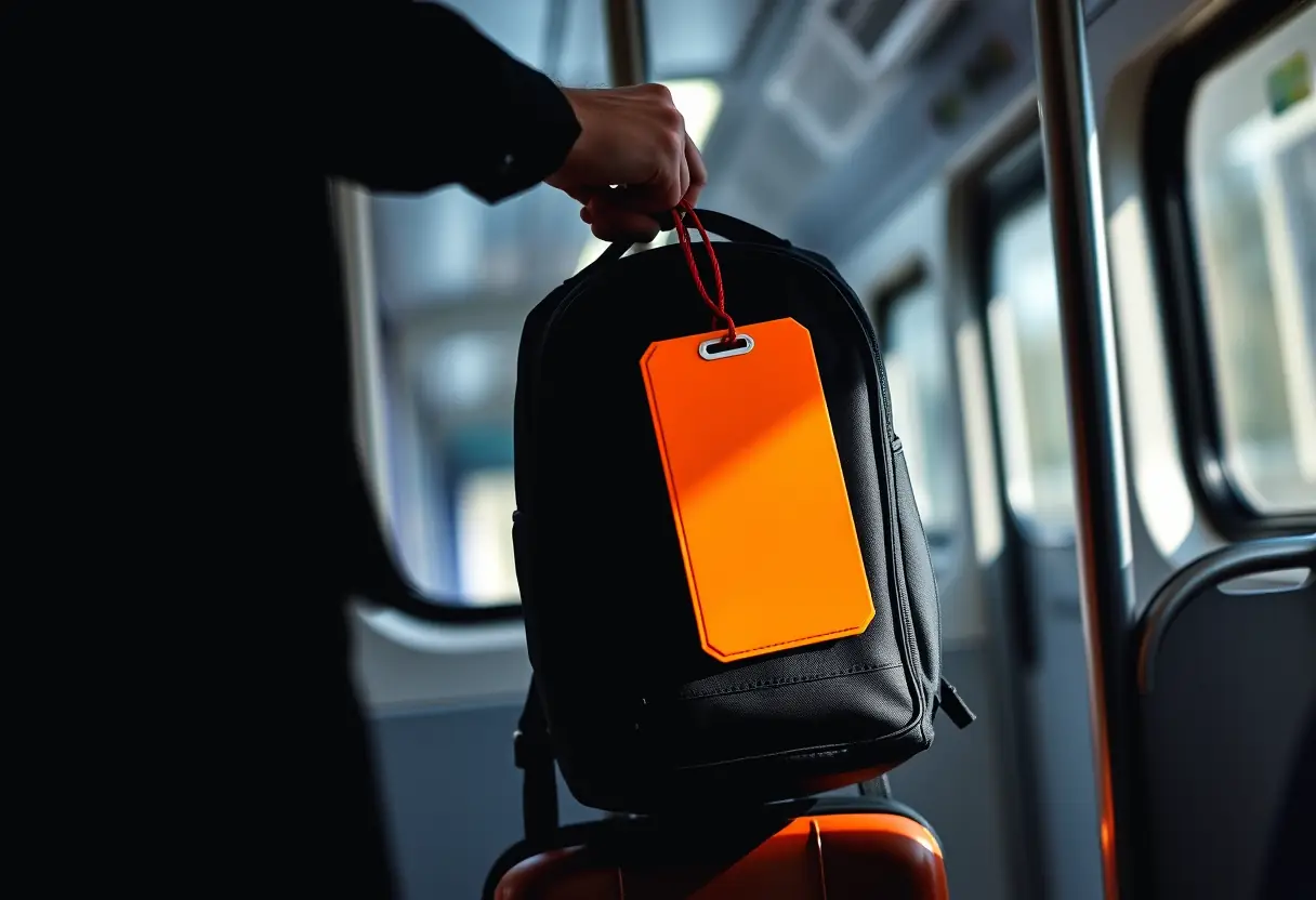 Un silhouetté d'une personne fixant une étiquette de bagage orange vif à un sac à dos accroché à une barre de train