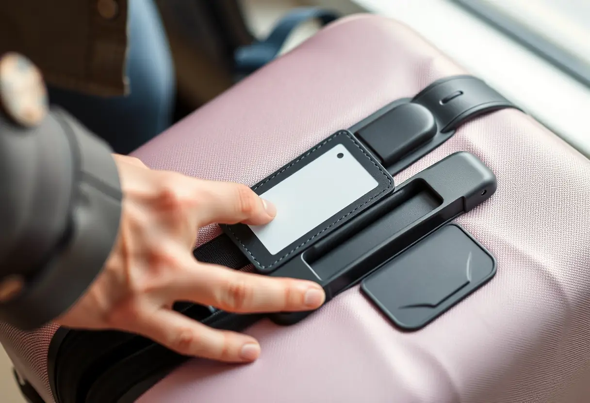 Une main applique un autocollant de bagage sur une valise rectangulaire