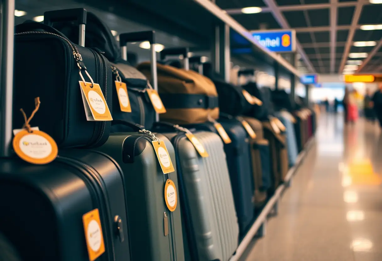 Un porte-bagages dans la salle d'attente est rempli de valises et de sacs à dos équipés de etiquettes rondes standardisées. La lumière tamisée éclaire la scène.