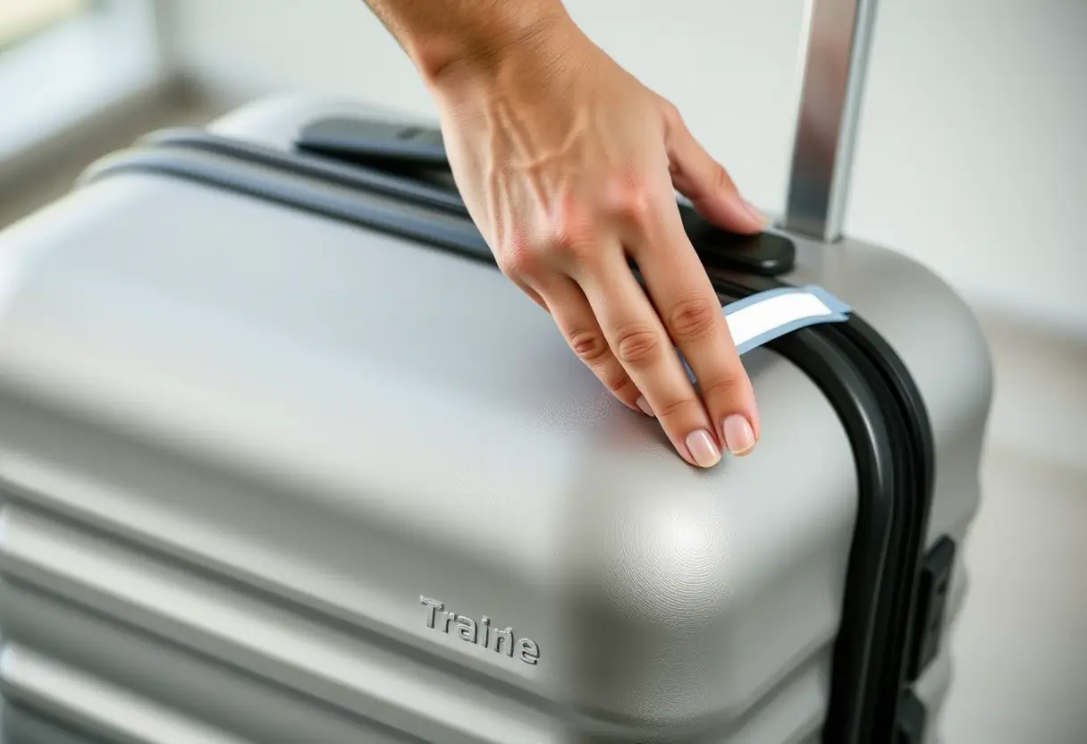 La main d'un voyageur applique un ruban réfléchissant sur la paroi latérale d'une valise souple moyenne