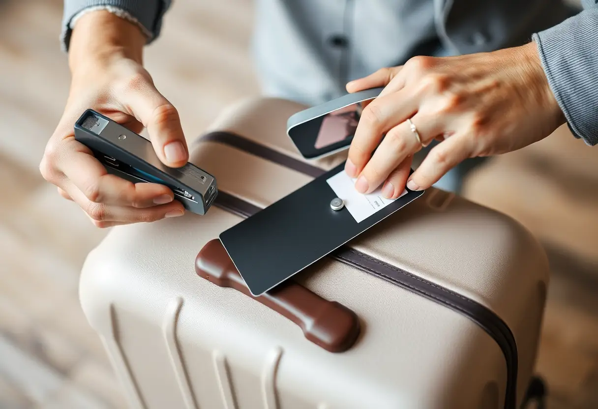 Des mains attachent soigneusement un autocollant de bagage sur une valise rectangulaire à l'aide d'un porte-documents