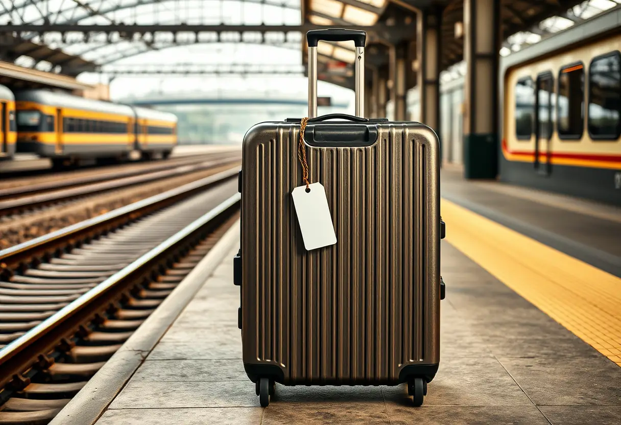 Une valise rectangulaire placée près des rails d'une gare, avec des sangles visibles et un autocollant de bagage accroché à la poignée