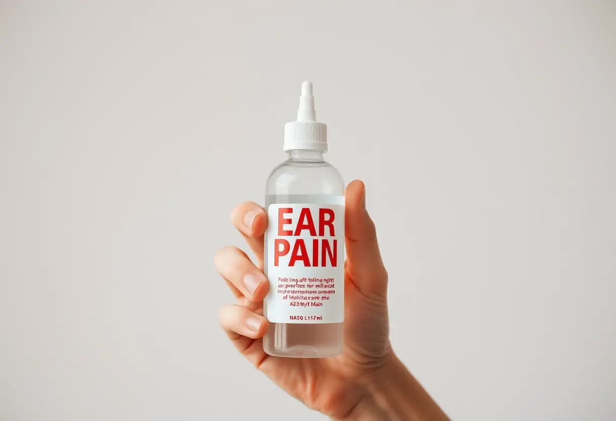 Une main tenant un bocal plastique rempli de solution pour apaiser la douleur d'oreille