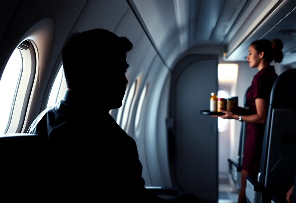 Un passager assis dans un siège d'avion regardant par le hublot tandis qu'une hôtesse passe avec un plateau d'en-cas et de boissons