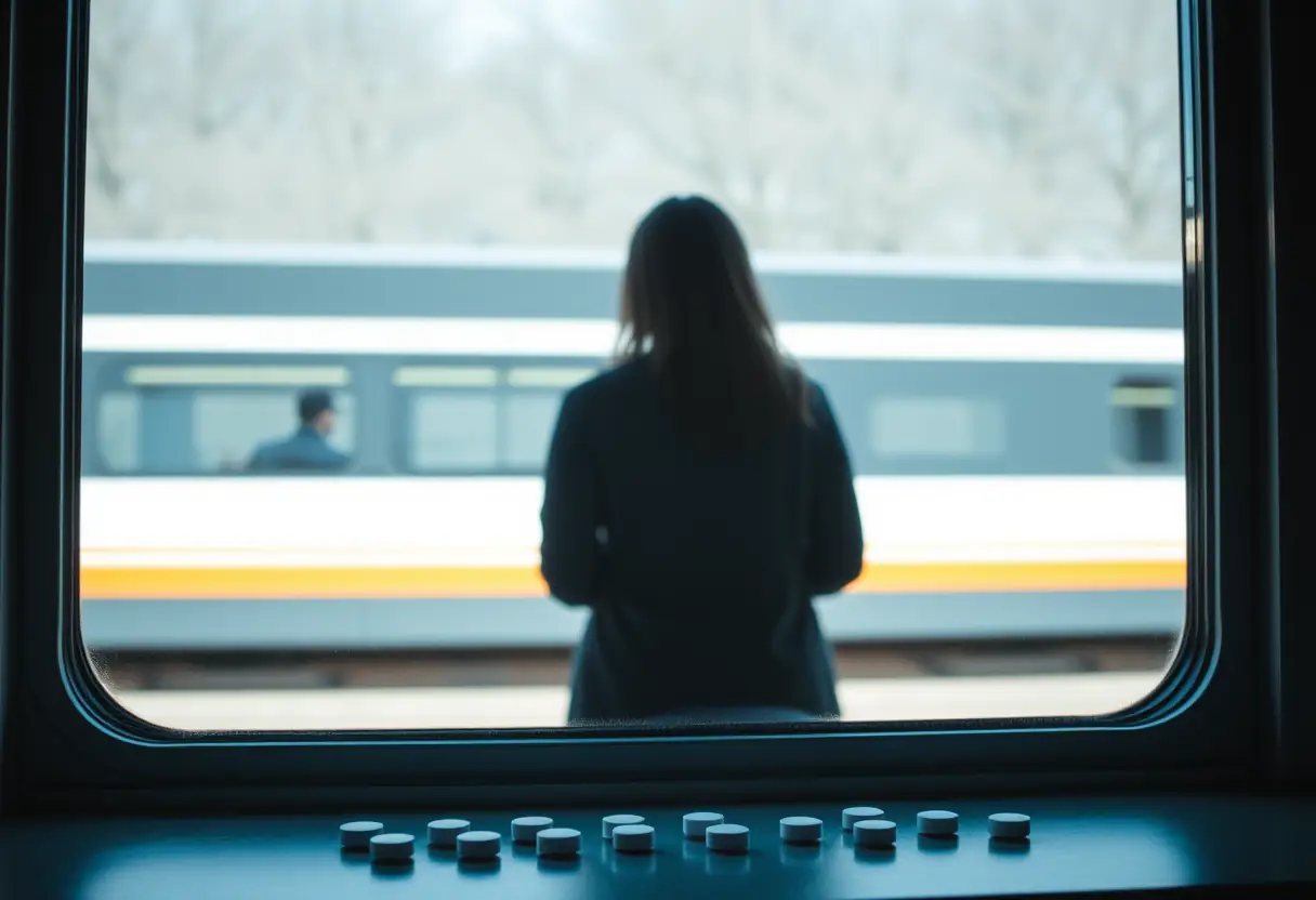 Une silhouette observe par une fenêtre les véhicules en mouvement, les comprimés contre la nausée reflétant sur le rebord.