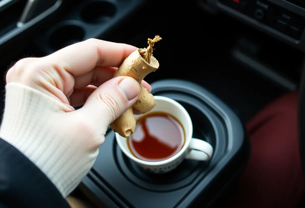 Une main tenant un morceau de gingembre au-dessus d'une tasse de thé dans un porte-gobelets de voiture
