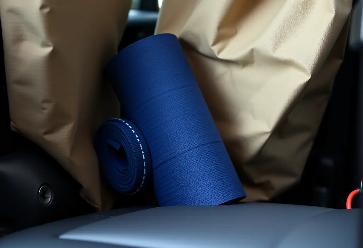 Un matelas de yoga roulé appuyé contre un siège de voiture, partiellement couvert par un sac en toile beige
