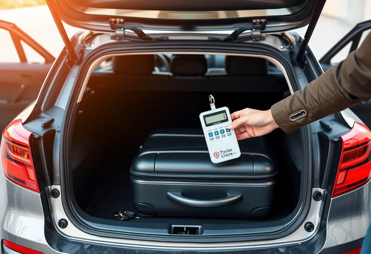 Une personne utilise un balance de bagages pour peser une valise placée dans le coffre arrière d'une voiture, qui est ouvert avec les clés de voiture à côté