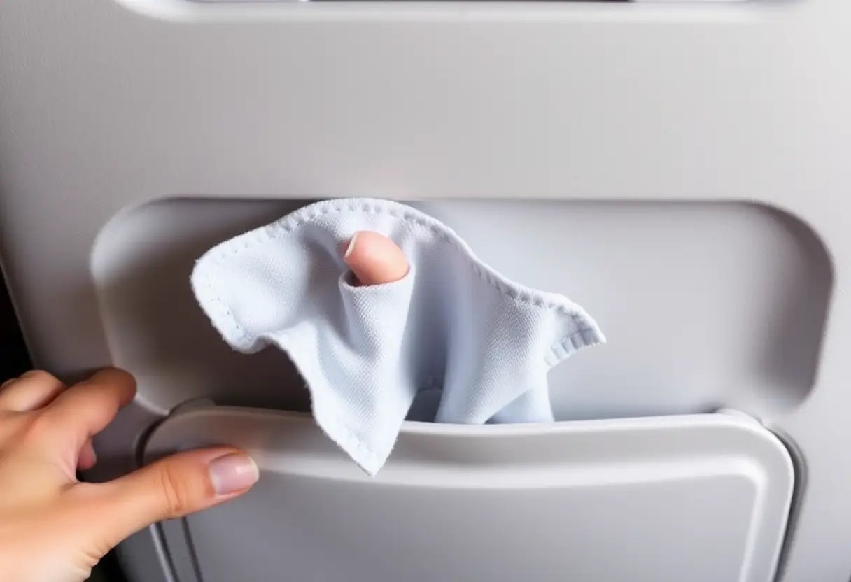 Un mouchoir de tissu est posé dans la poche d'une rangée d'avion