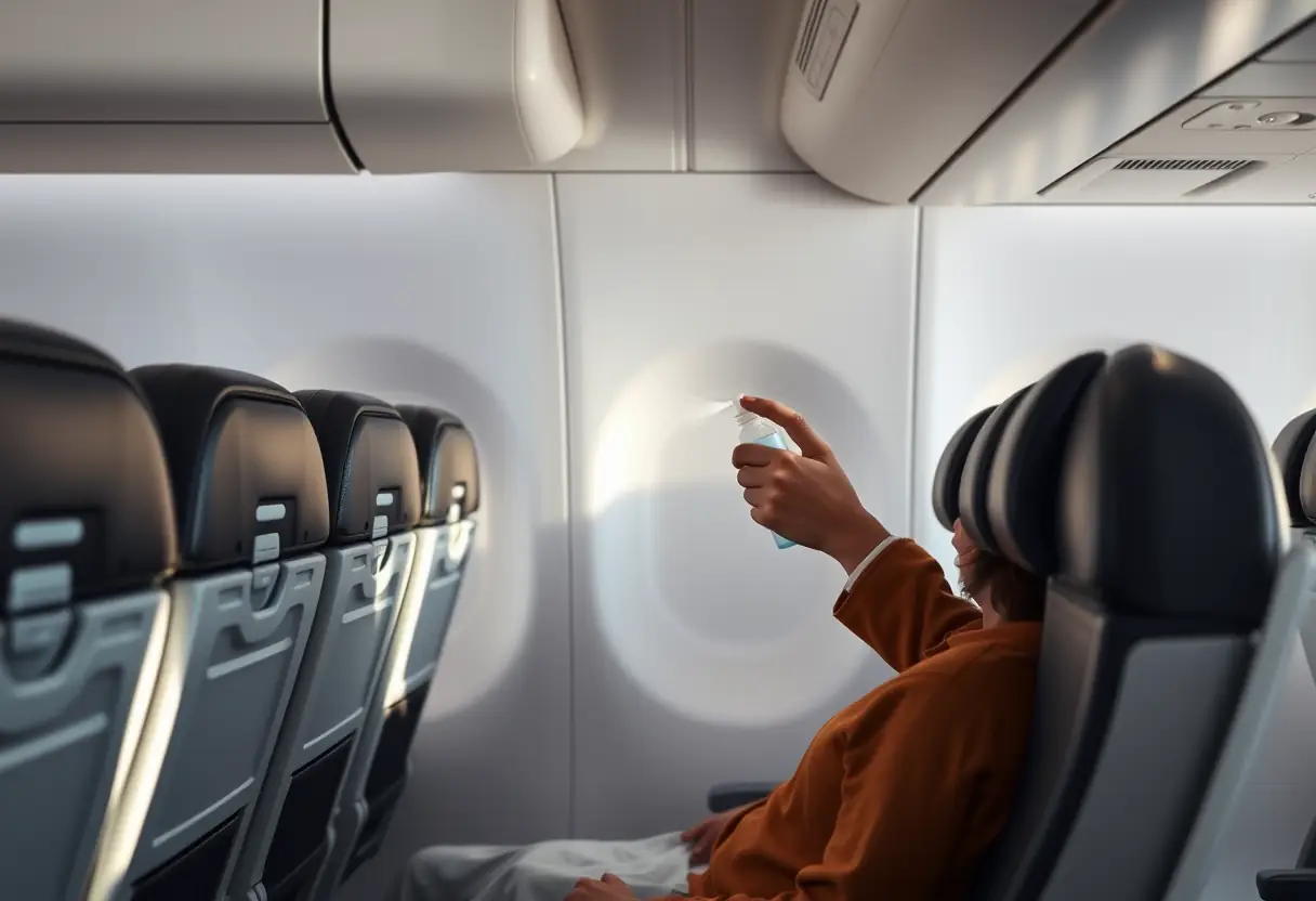 Une personne assise dans un avion utilise un flacon à spray nasal