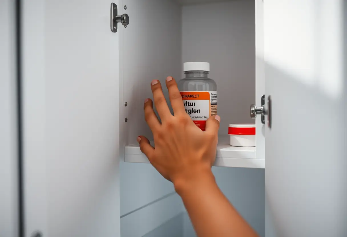 Une main tendue vers une bouteille de médicament sur une étagère dans un placard de salle de bains