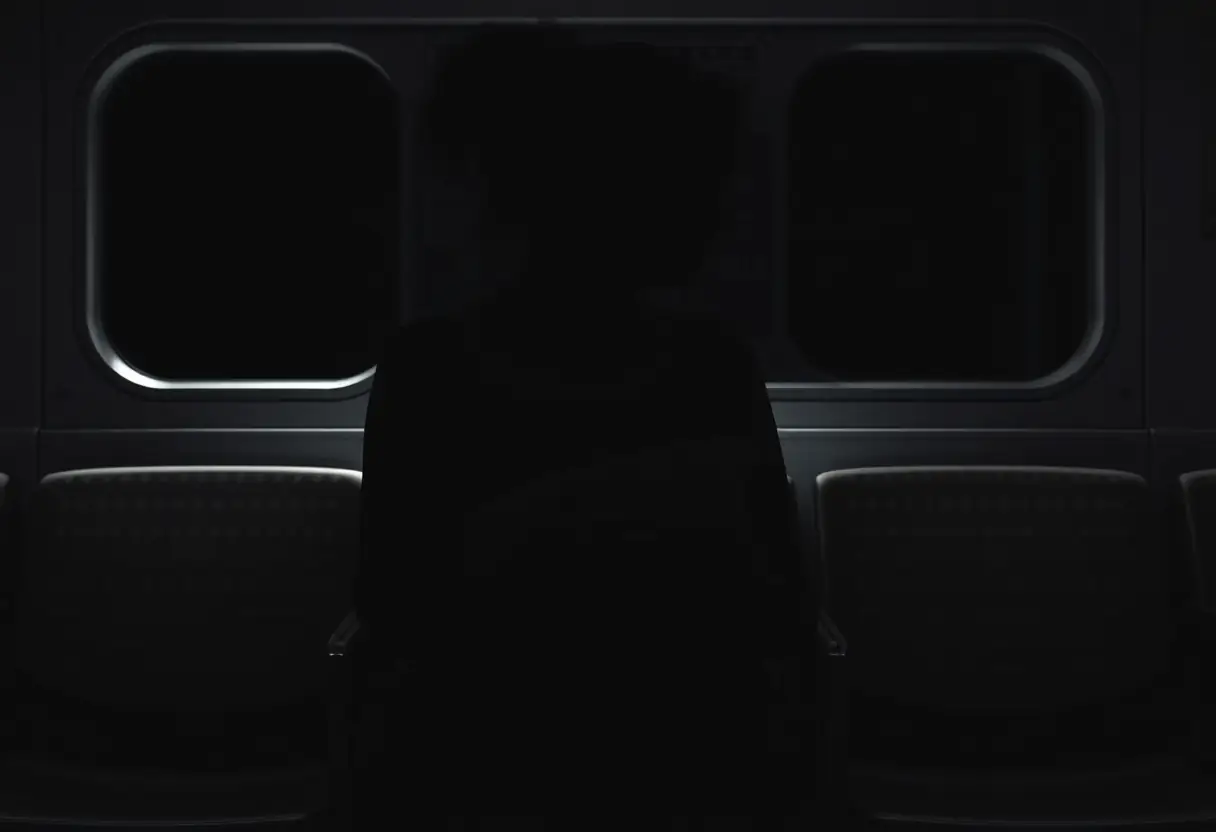 Une silhouette de personne assise sur un siège de train tenant un petit oreiller contre son abdomen.