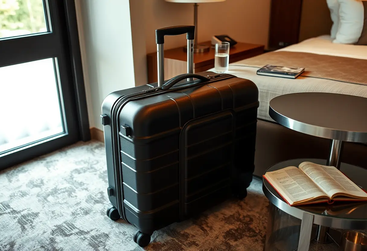 Une valise rigide fermée posée sur le plancher d'une chambre d'hôtel à côté d'une table de chevet où se trouve un verre d'eau et un livre