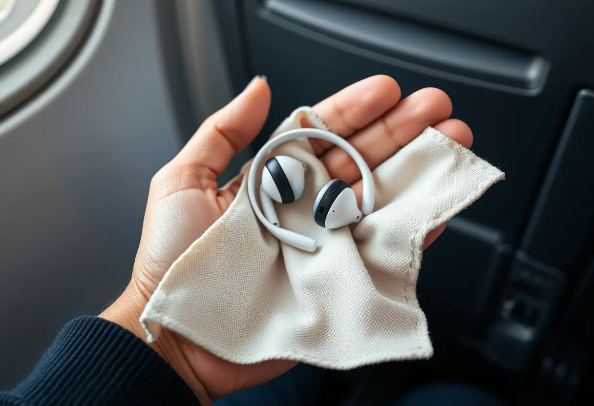 Une main tenant un morceau de tissu doux pour nettoyer des écouteurs d'avion