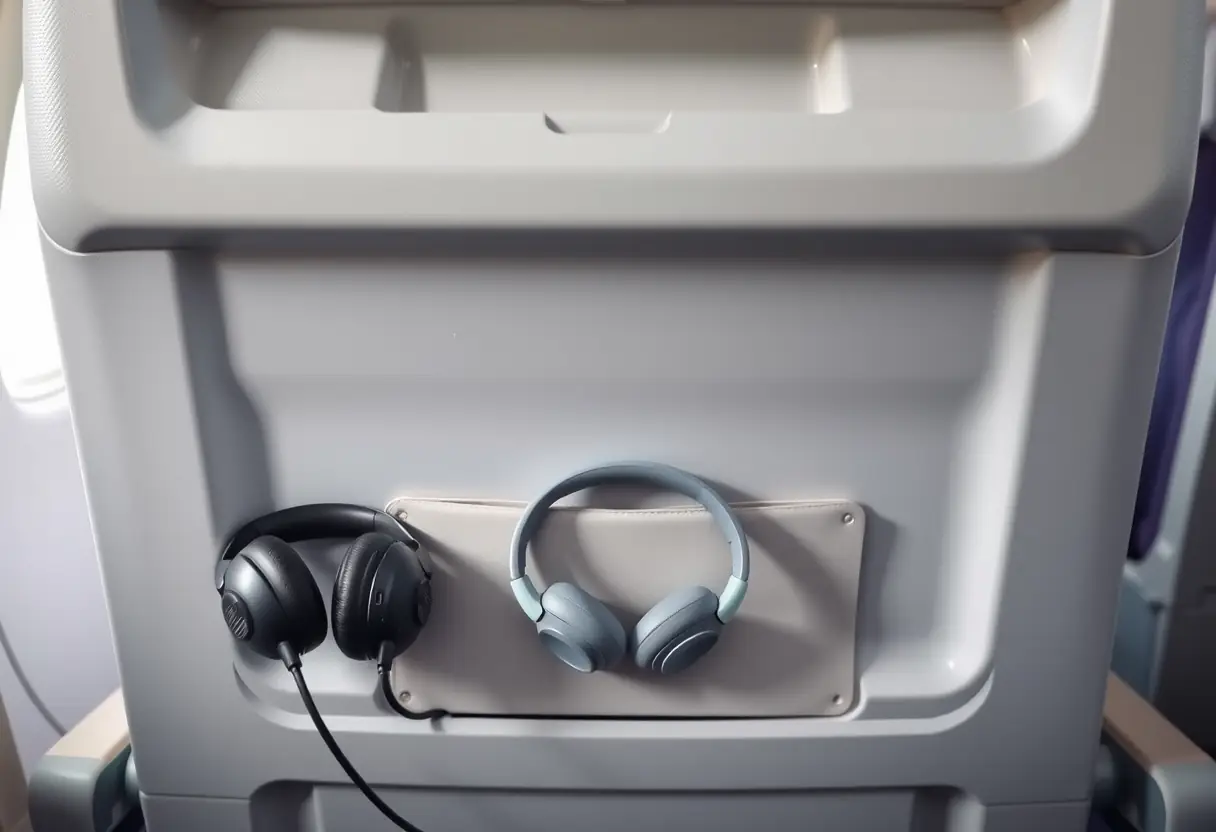 Un casque audio d'avion posé avec soin dans la poche devant un siège passager
