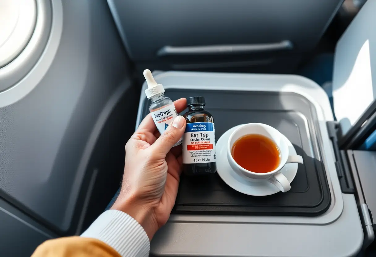 La main d'une personne tient une bouteille de gouttes pour les oreilles près d'une tasse de thé sur la tablette d'un siège d'avion