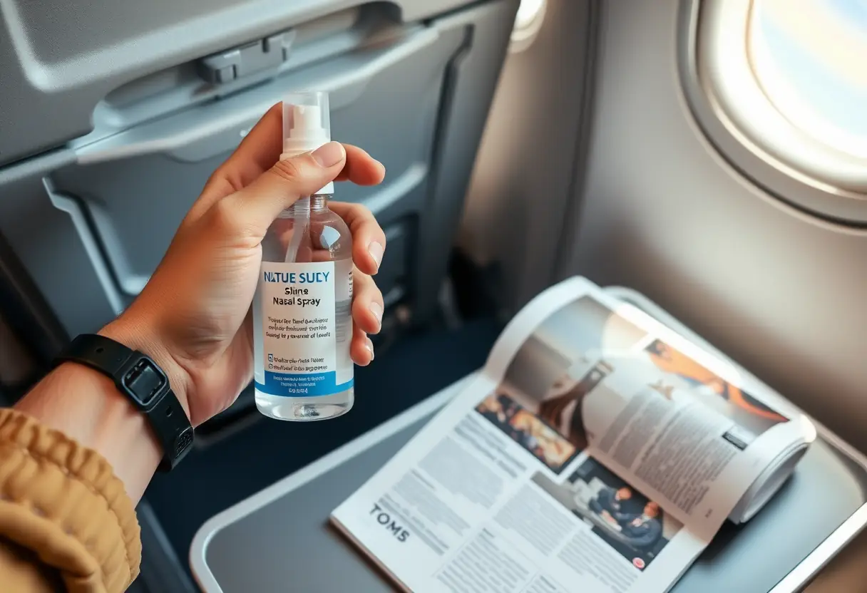 Une main tend un flacon de spray nasal près d'un magazine plié sur la tablette d'un siège d'avion