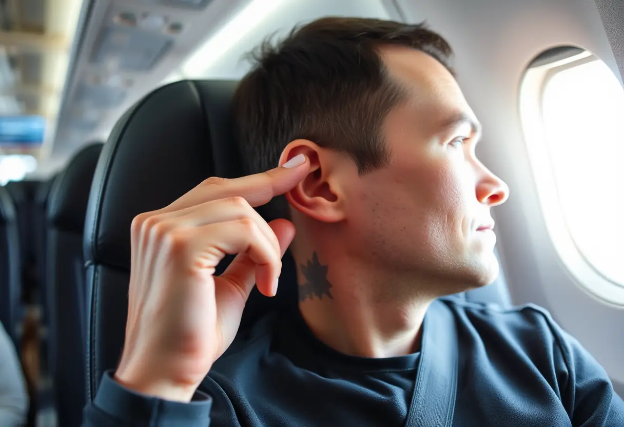 Un passager appuie délicatement son index sur la cartilagine de son oreille, assis dans un siège d'avion avec sa ceinture attachée.