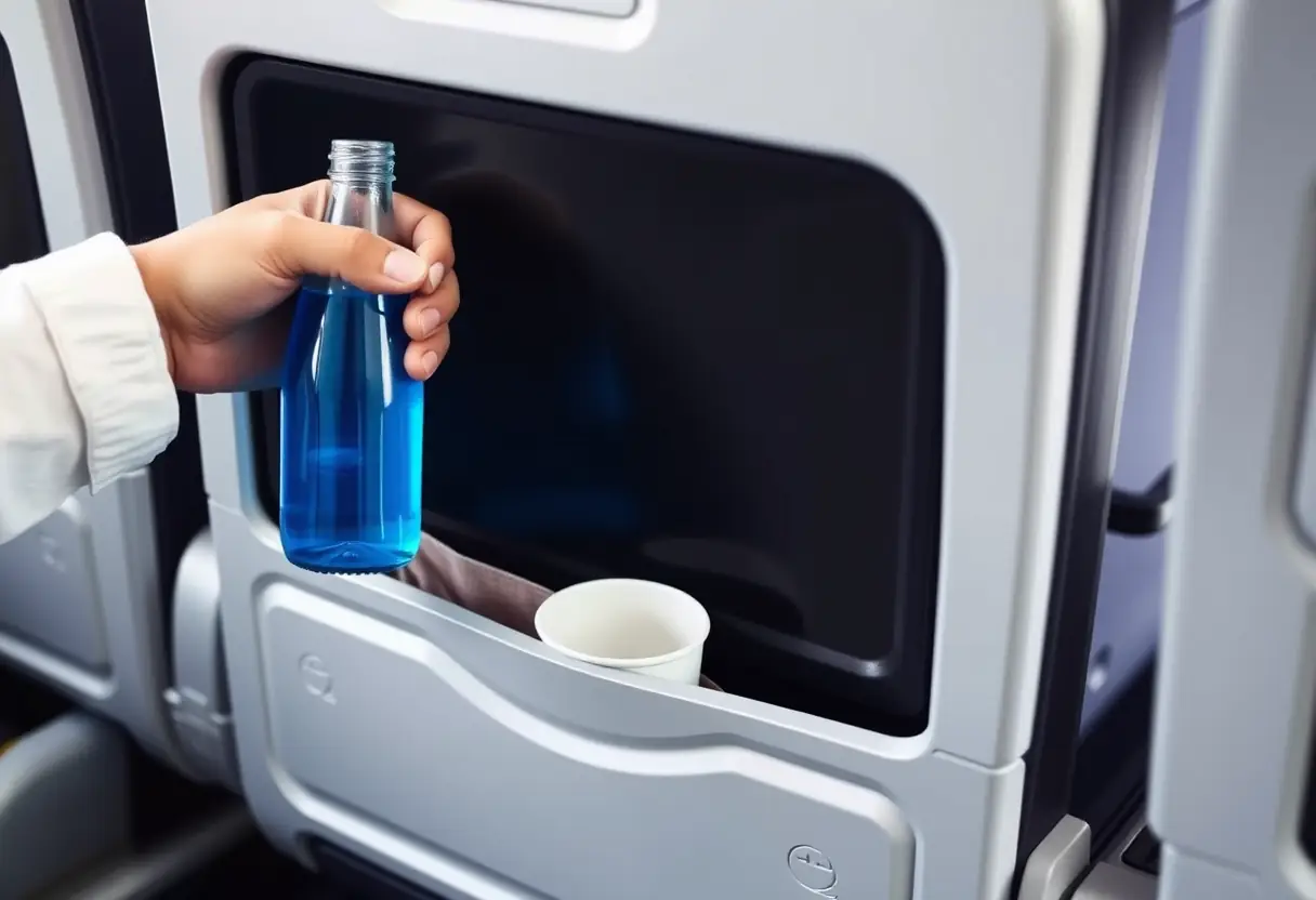 Une main tient un bocal rempli d'un liquide bleu, placé à côté d'une tasse dans la poche de rangement du siège d'avion.