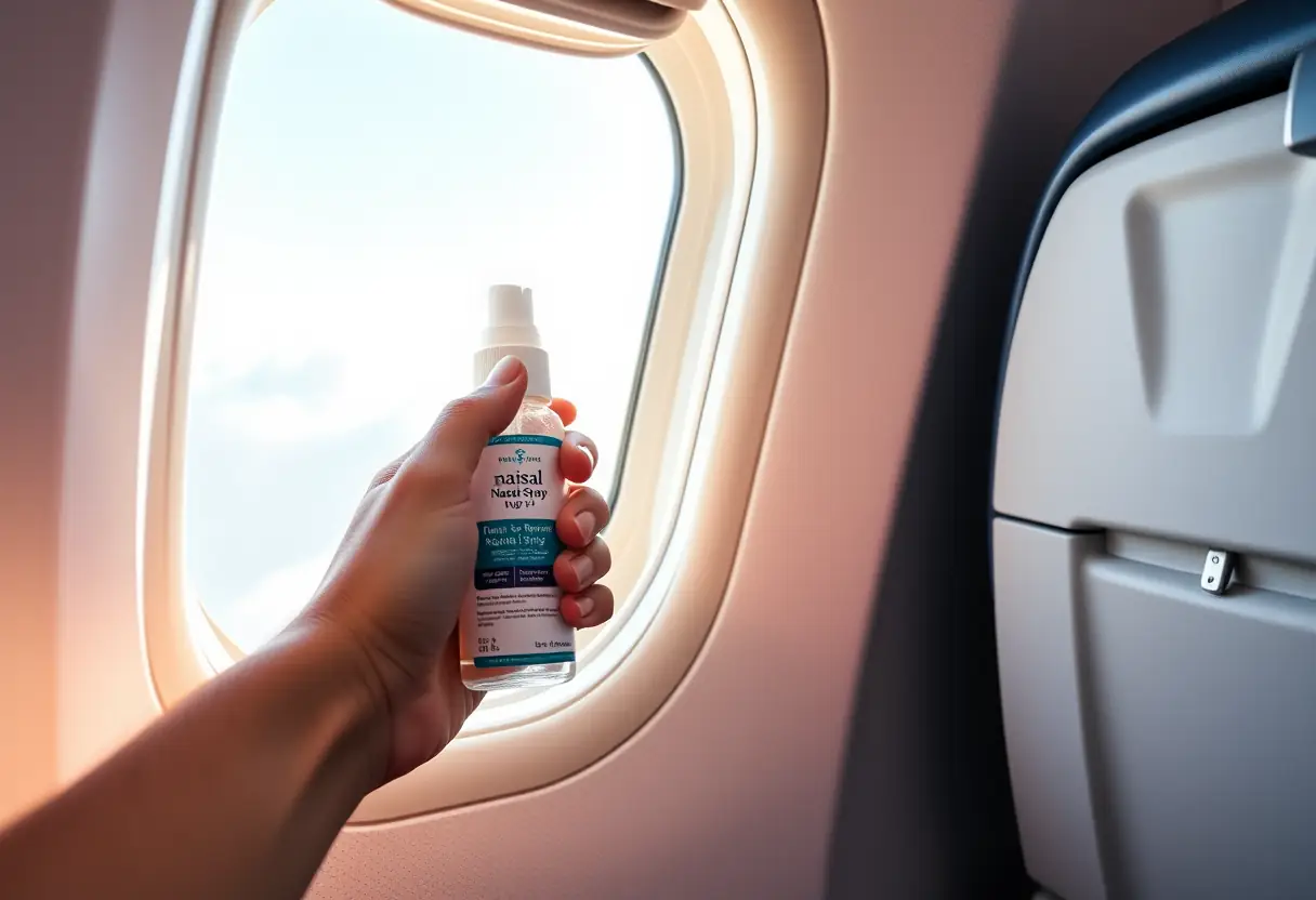 Une main tenant une bouteille de spray nasal posée sur une tablette de service d'avion près d'une fenêtre ouverte