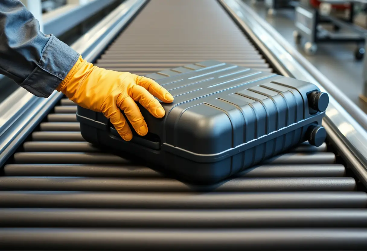 Un sac à dos en plastique posé sur un tapis transporte à l'aéroport avec des rayures