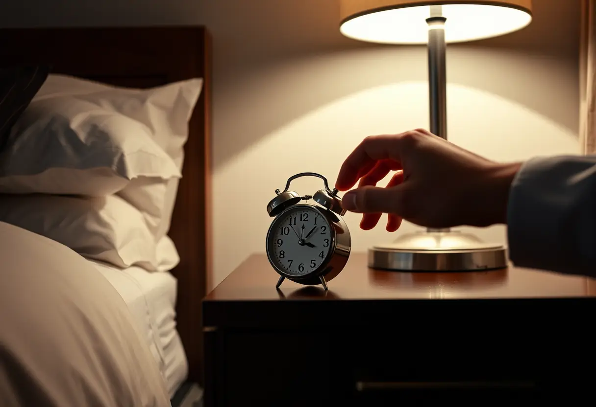 Une main pose un réveil voyageur sur la table de chevet dans une chambre d'hôtel sombrement éclairée