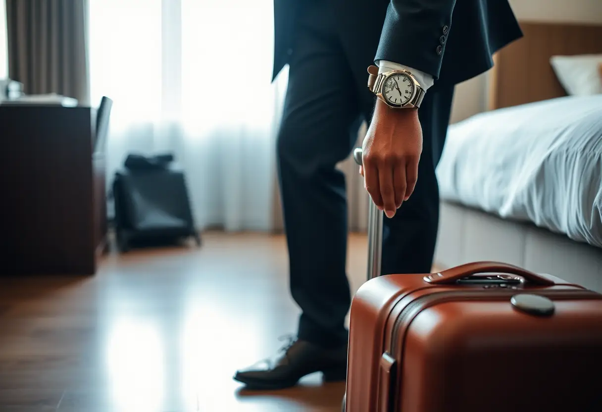 Une main ajustant une montre posée à côté d'une valise dans une chambre d'hôtel