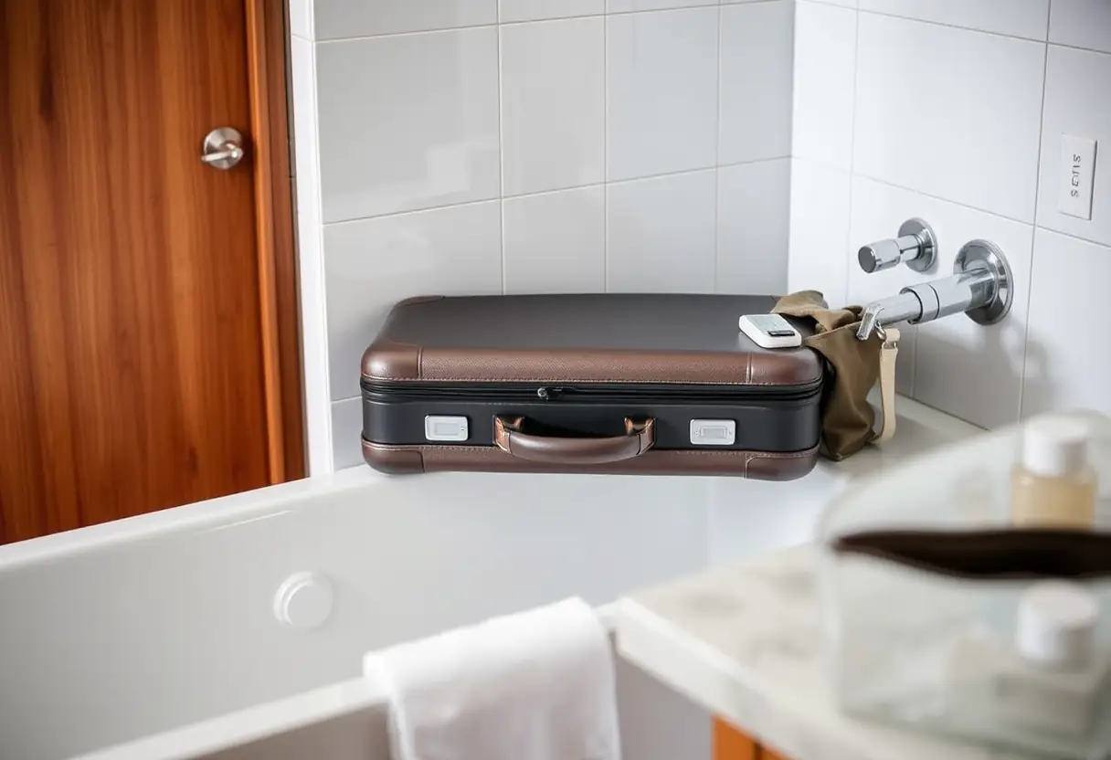 Une valise fermée posée sur le rebord de la baignoire d'une chambre d'hôtel, avec un sac de toilette partiellement ouvert sur le meuble de toilette