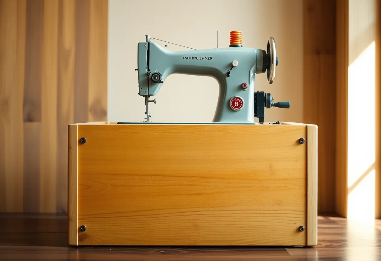 Une machine à coudre posée sur un grand coffret en bois rectangulaire, avec une poignée de fortune fixée sur le côté