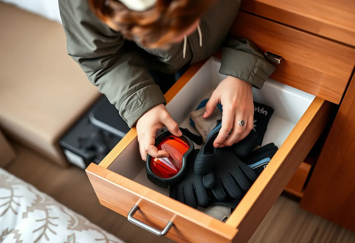 Un élève organisant des lunettes de ski et des gants dans un tiroir de sa chambre d'hôtel